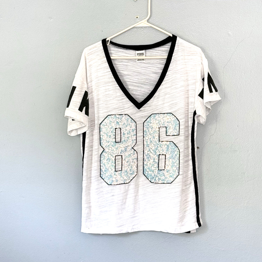 Victorias Secret PINK Top Medium White Bling Y2K Style Sequins T-shirt V-neck 86